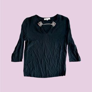 Sandro Paris Blouse Women’s 1 Jewel Chain‎ Collar 3/4 Sleeve Size S/M Sheer Top